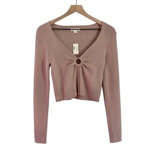 NWT Aeropostale Cropped Keyhole Front Deep V Neck‎ Sweater Pink Tan Size Medium